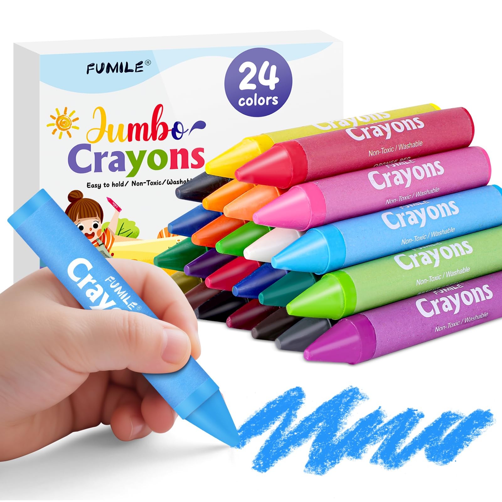 24 Colors Jumbo Crayons for Toddlers Washable Non-Toxic Big Coloring Set