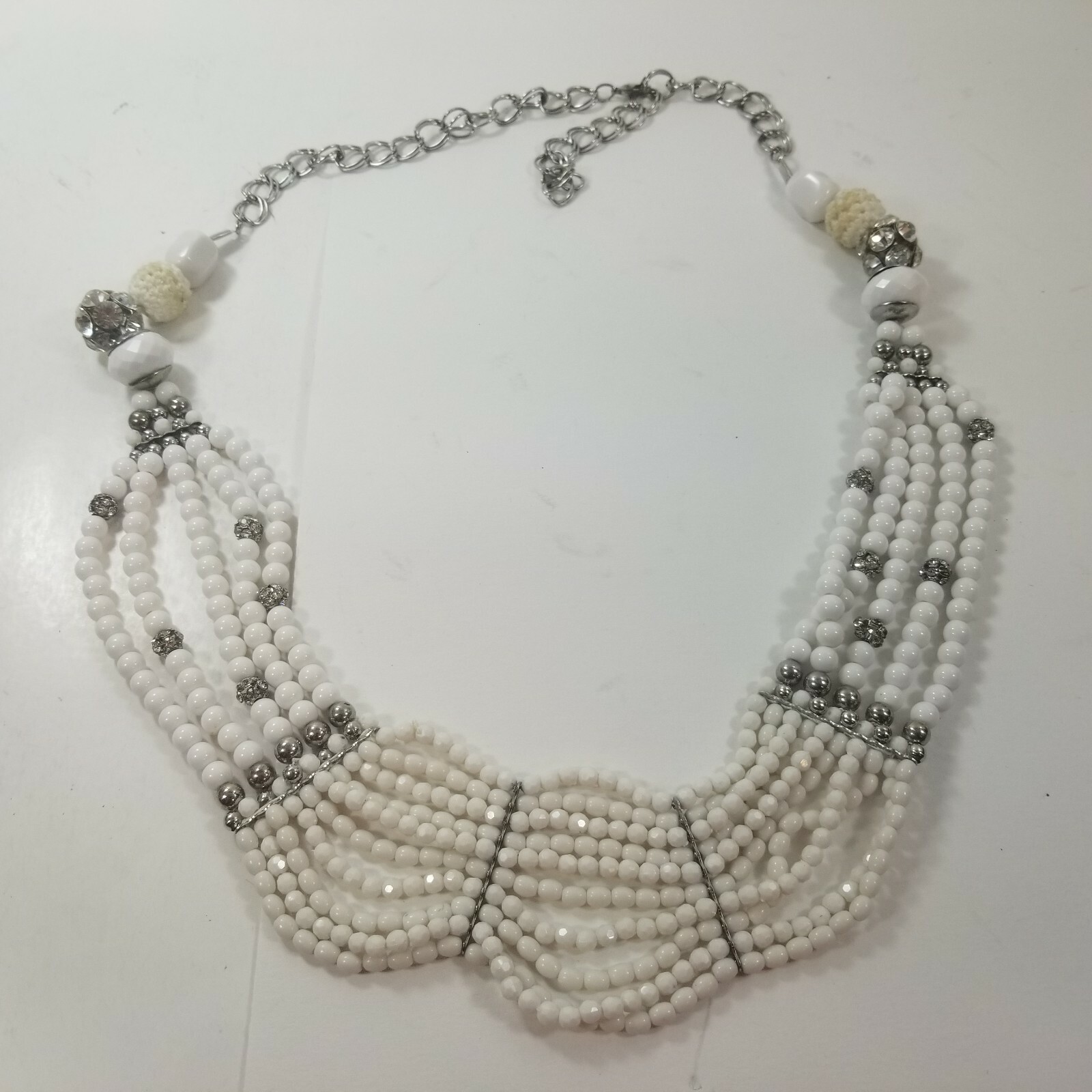 White Bead Rhinestone Multi Strand Necklace vintage Silver Tone Statement