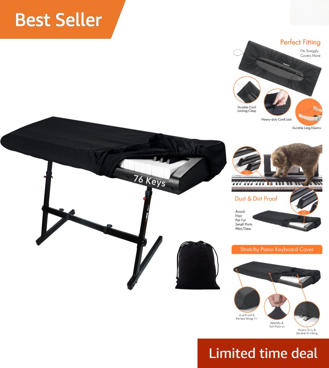 76-Key Piano Cover - Effortless Fit with Cord Lock, Keep Your Piano Safe