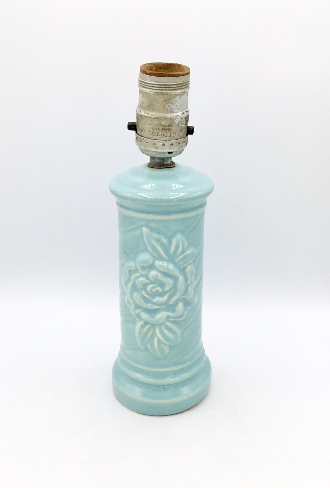V’tge 1950’s💙MCM- Turquoise/Ming Blue Art Pottery Lamp Base with Rose Motif