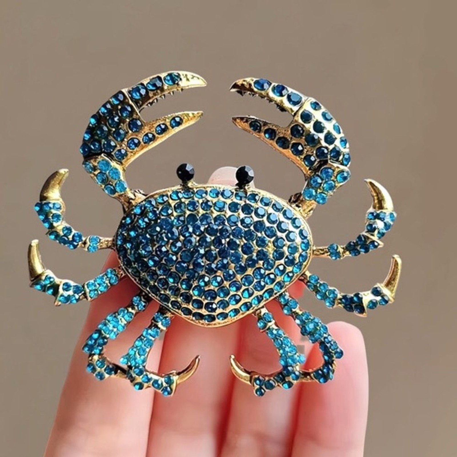 Blue Rhinestone Crab Brooch Nautical Ocean Sea Life Pin Statement Jewelry