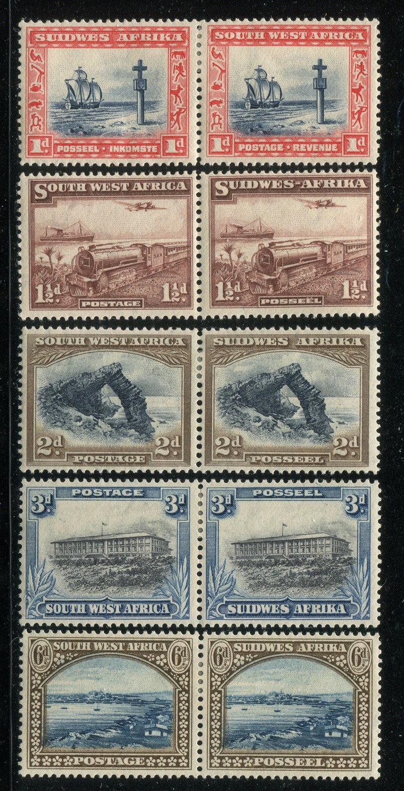 South West Africa #109, 110, 111, 112, 114 Mint Pairs