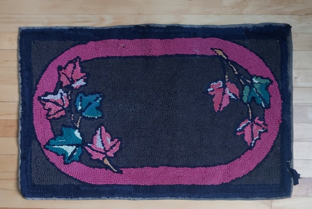 Antique Beautiful Handmade Wool Rug Hand Hooked Fall Leaves Theme Black and Pink