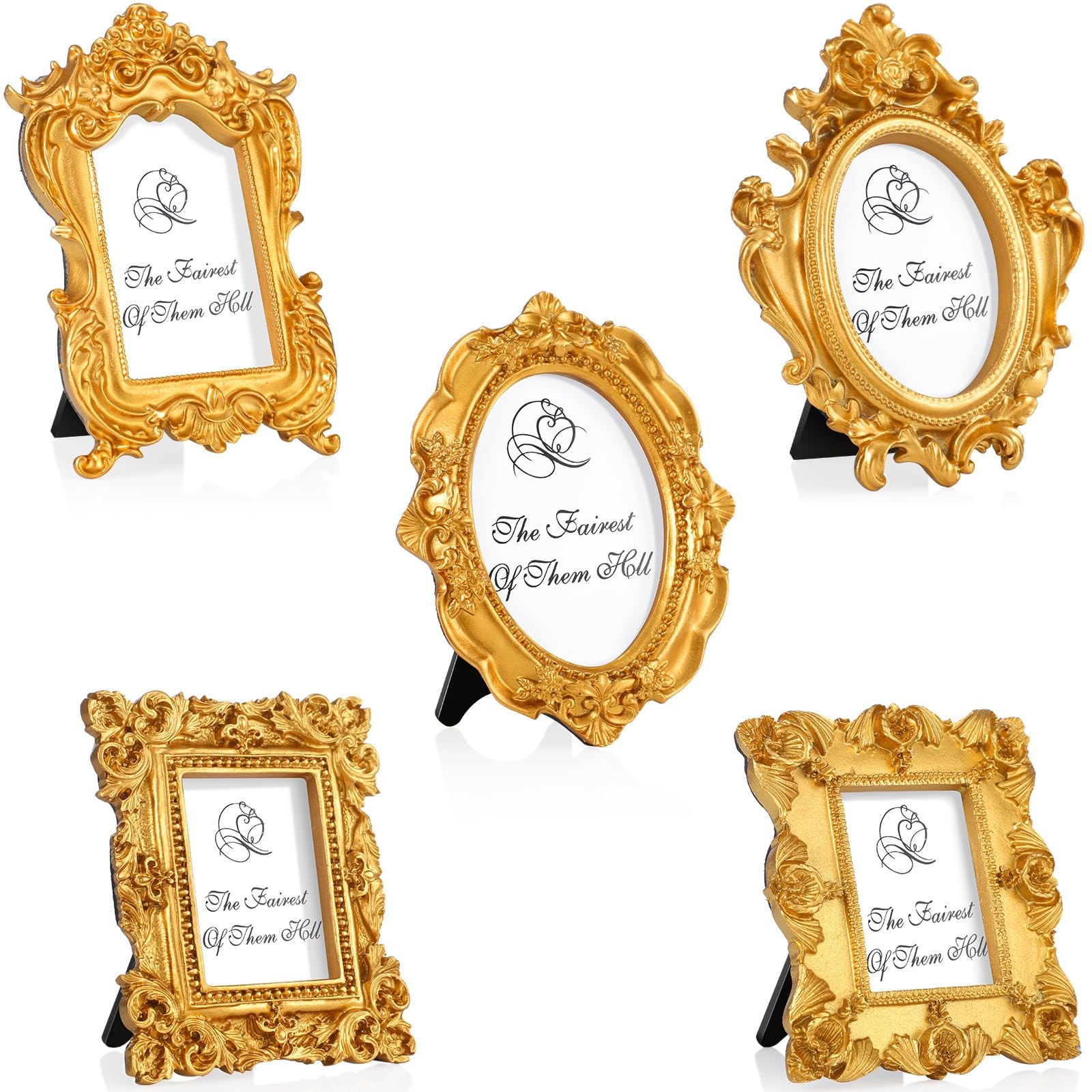 Maitys 5 Pcs Mini Vintage Gold Baroque Picture Frames with Stands Antique Tiny