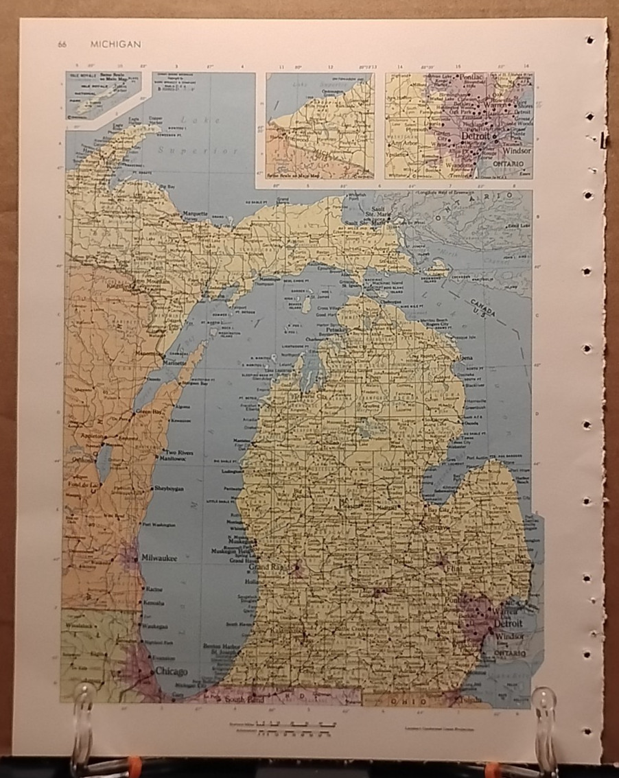 1966 Vintage MICHIGAN Authentic Old MCM Atlas Map - Rand McNally World Atlas