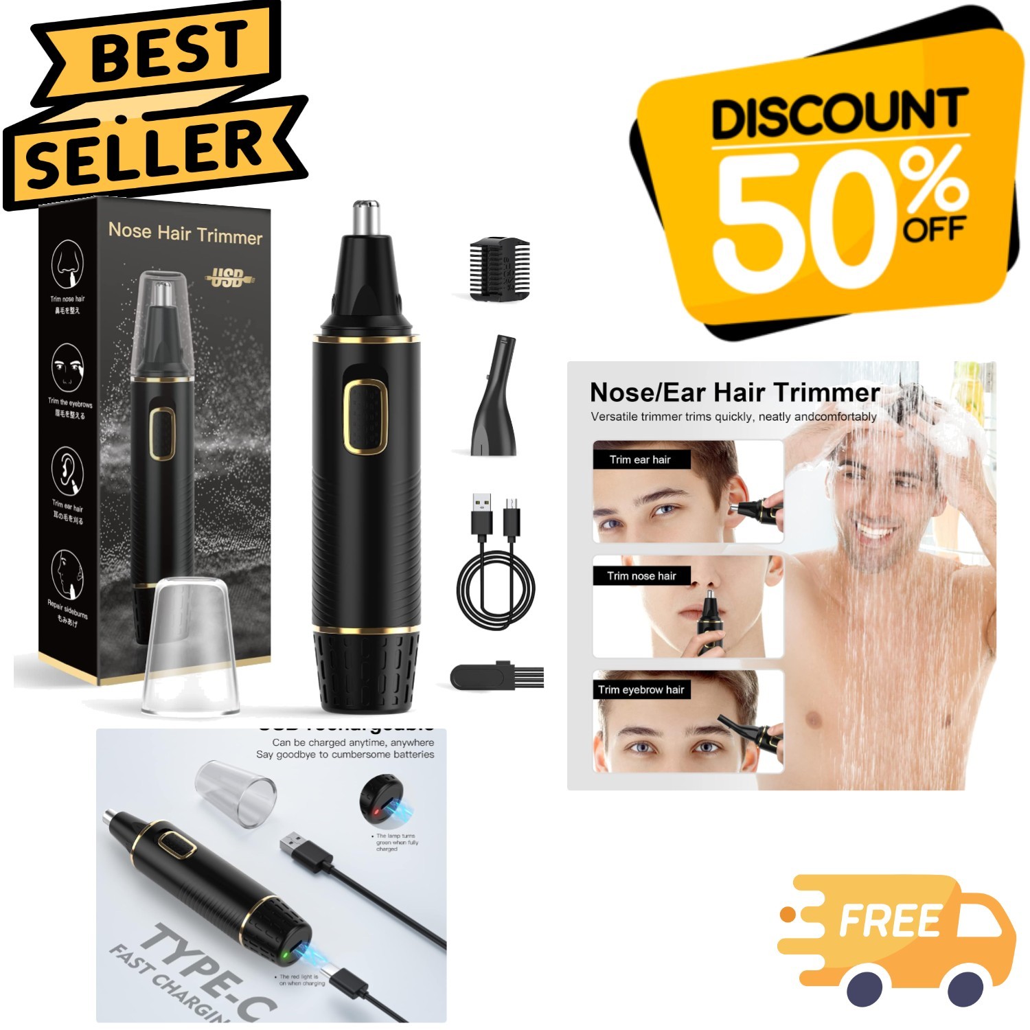 Painless Multifunctional Nose and Ear Hair Trimmer - 360° Compact Grooming Tool