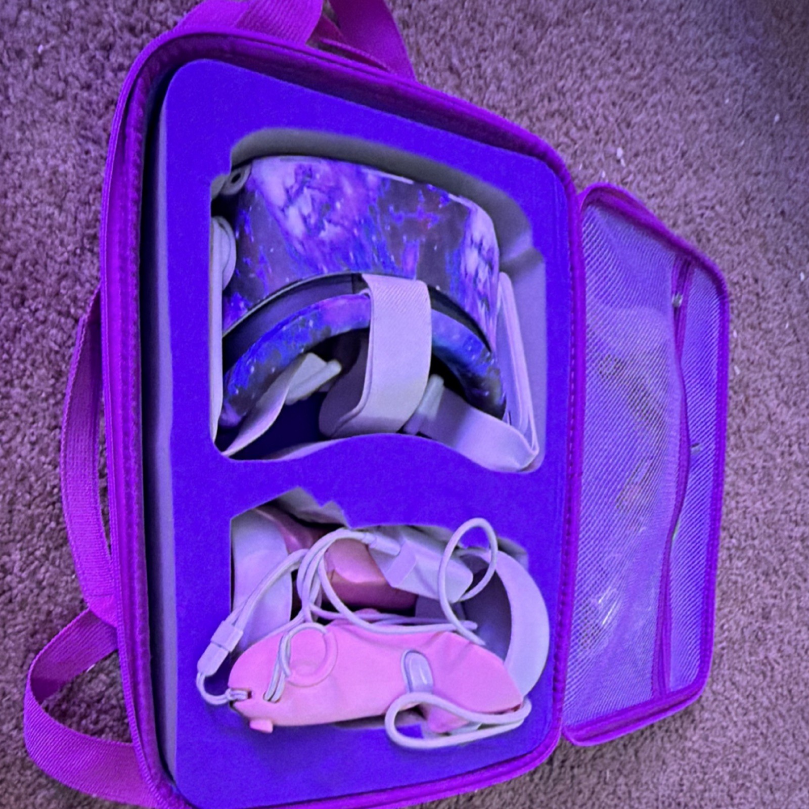 Meta Quest 2 Standalone VR Headset Purple Skin Pink Controllers Carrying Case