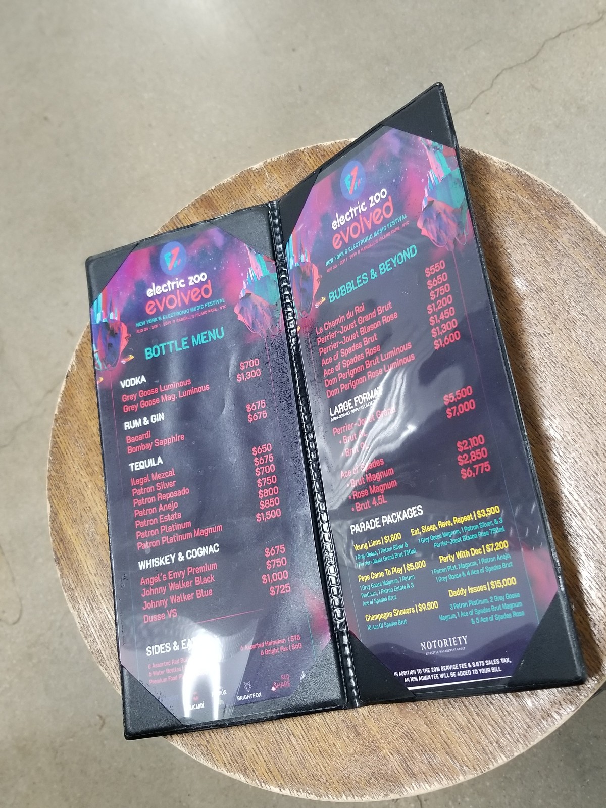 Electric Zoo BOTTLE MENU Rave Promo NEW YORK NYC Ezoo Dom Perignon FESTIVAL 2019