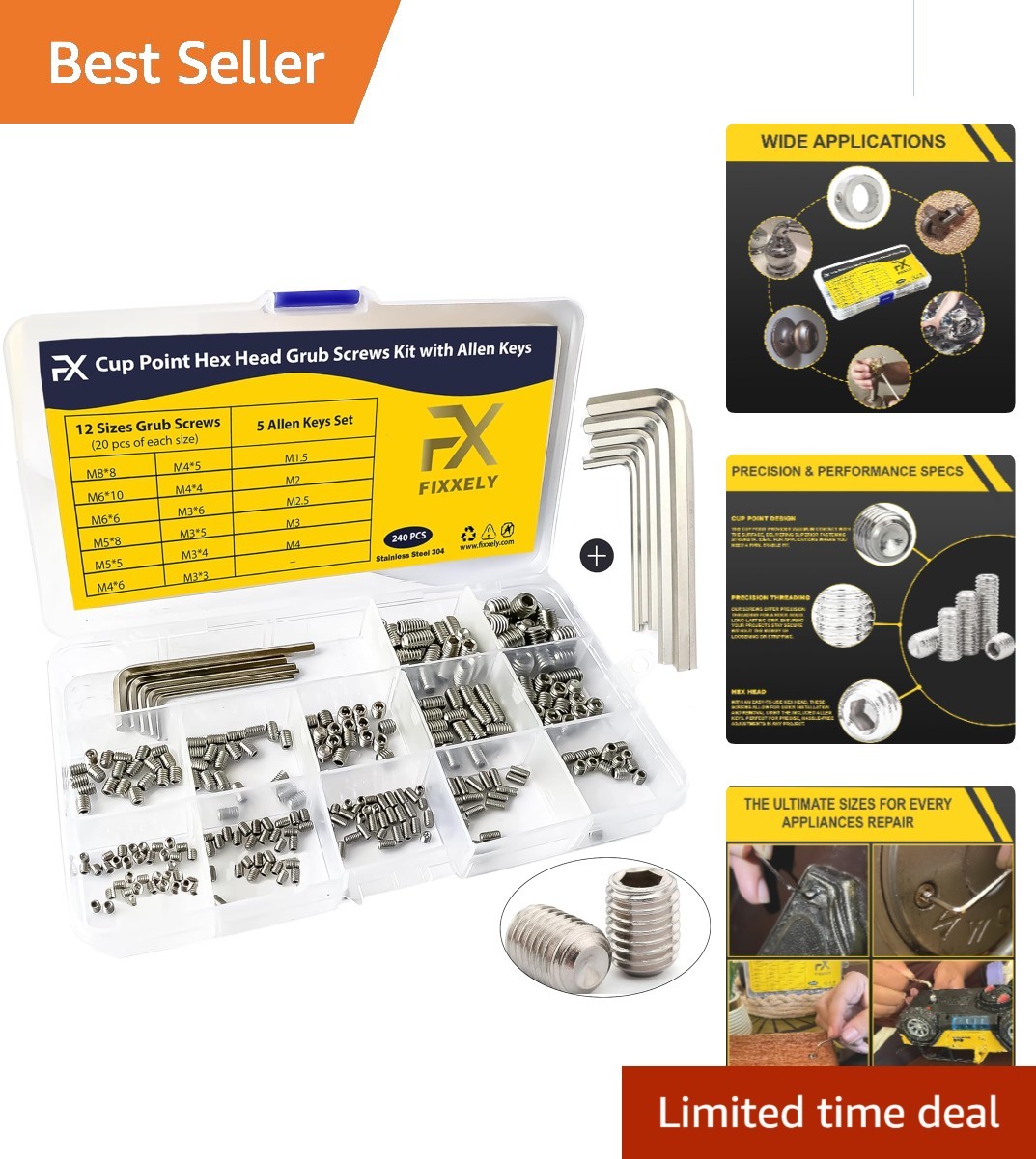 Comprehensive 240-Pc Metric Set Screw Kit M3-M8 with Allen Wrenches Included