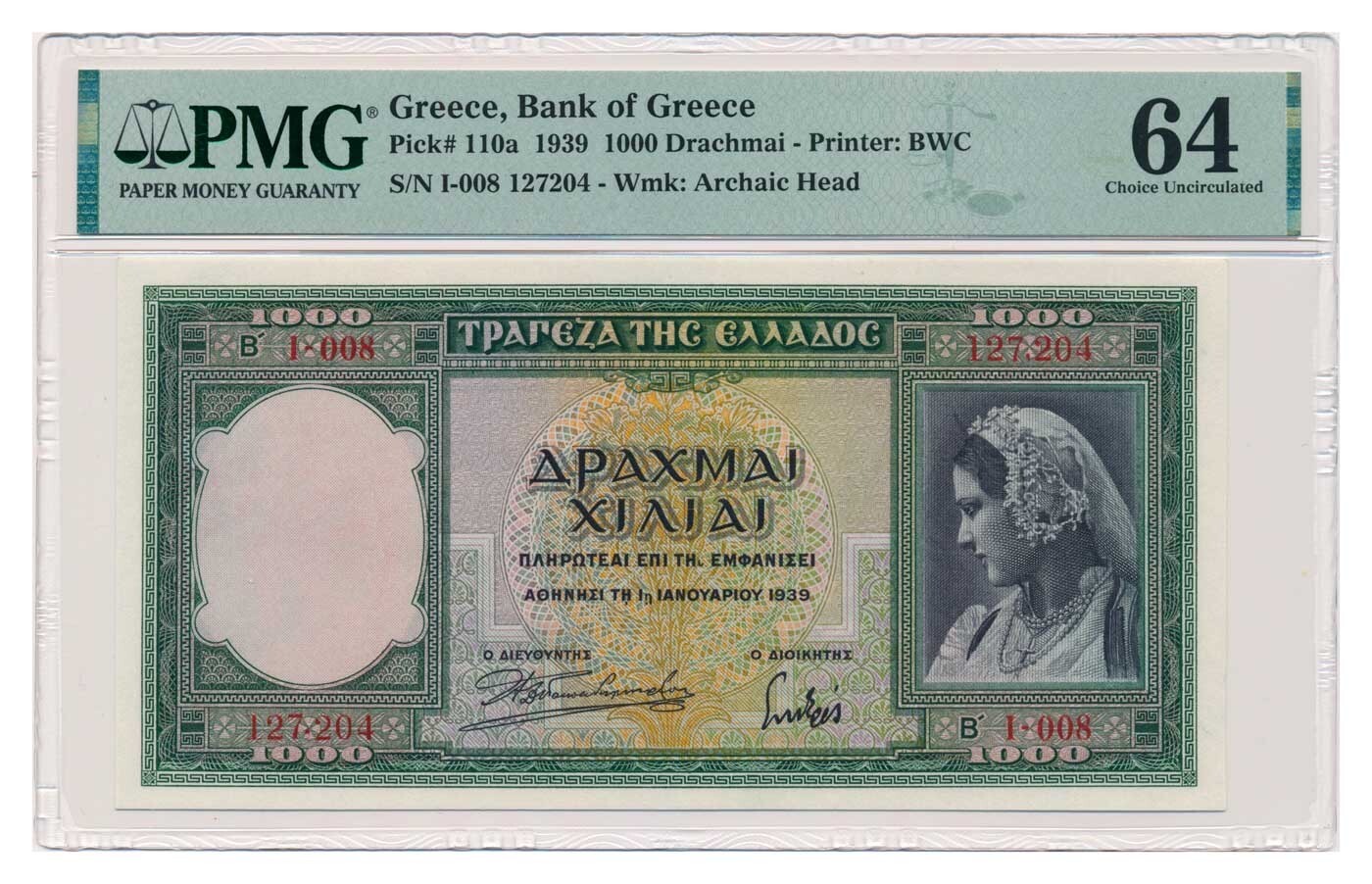 GREECE banknote 1000 Drachmai 1939 PMG MS 64 Choice Uncirculated
