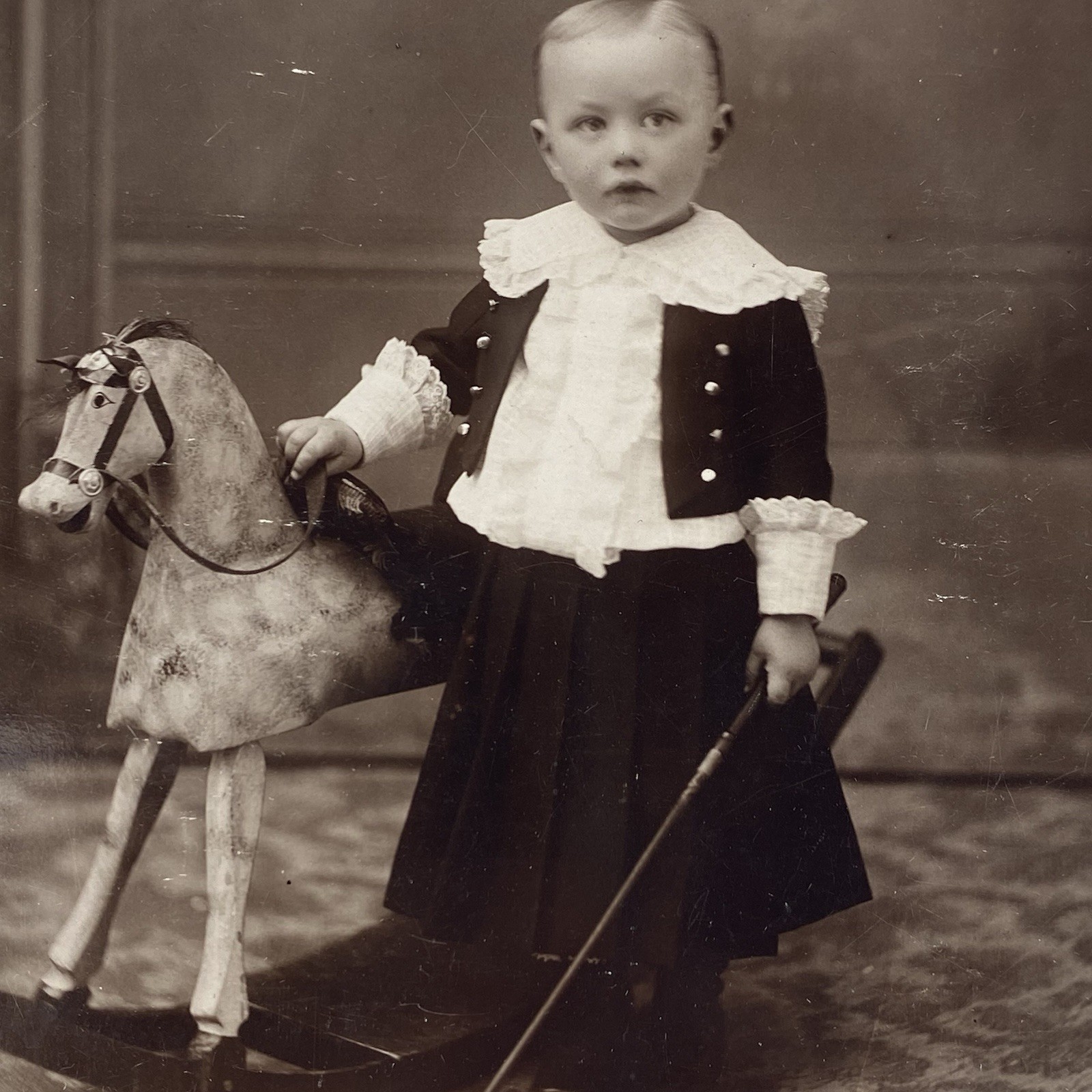 Antique Cabinet Card Photo Child With Rocking Horse And Pole Ghost Image On Back