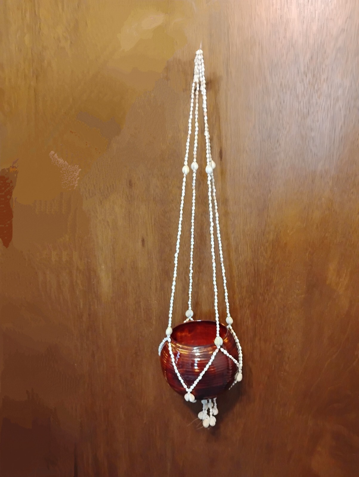 Vintage Boho Puka Shell Plant Hanger with Pottery Bowl Pot Seashell Macrame 1970