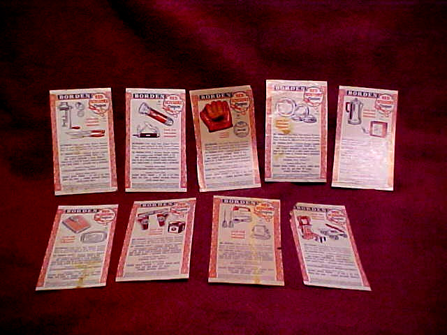 (9) BORDEN "RED SCISSORS COUPONS" FOR VALUABLE PREMIUMS, 1963-64-65 VINTAGE