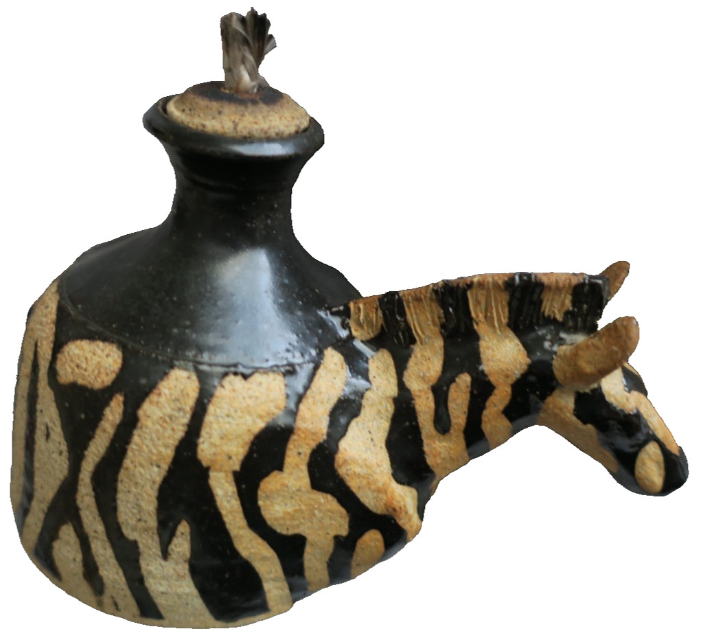 Art Pottery Zebra Stoneware Artist Signed Mary Oil Lamp 6" Long x 4" Tall