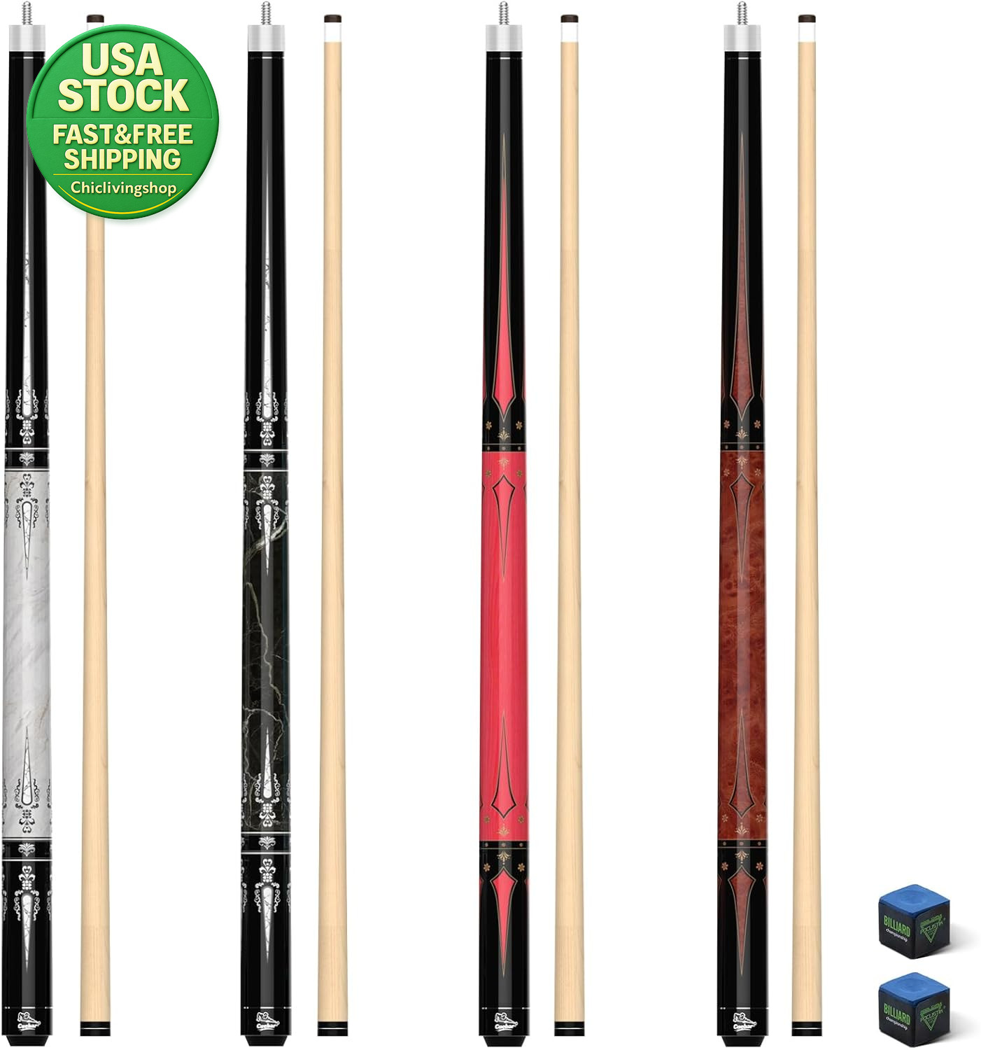 Pool Cues Set of 4 58 Inch 2-Piece Maple Billiard Sticks 18 19 20 21 Oz