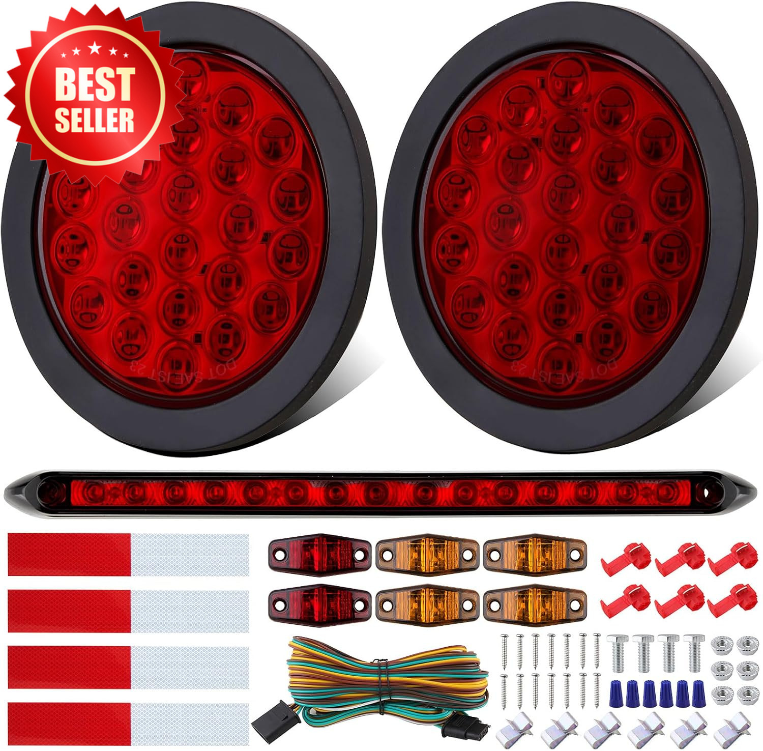 4" Round LED Trailer Tail Lights Kit 3RD Brake Bar Marker 25ft Harness US
