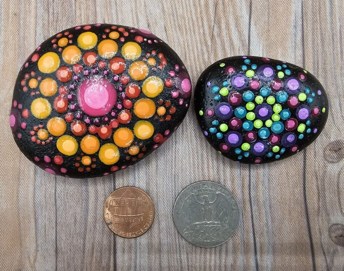 Hand Painted Stones w/ Mandala Design Artist Signed 2019 Vibrant Color Lot of 2