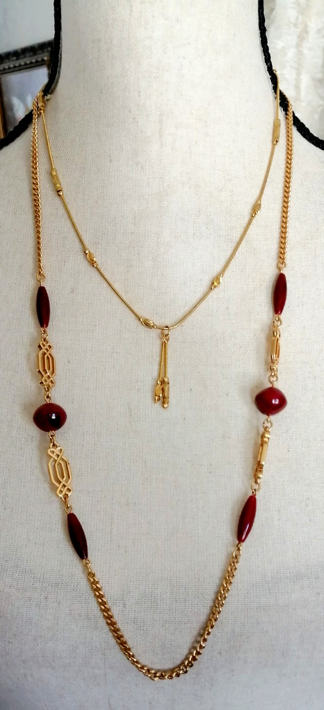 Vintage Layer Two Necklaces Gold Tone Station Red Bead / Engraved bars