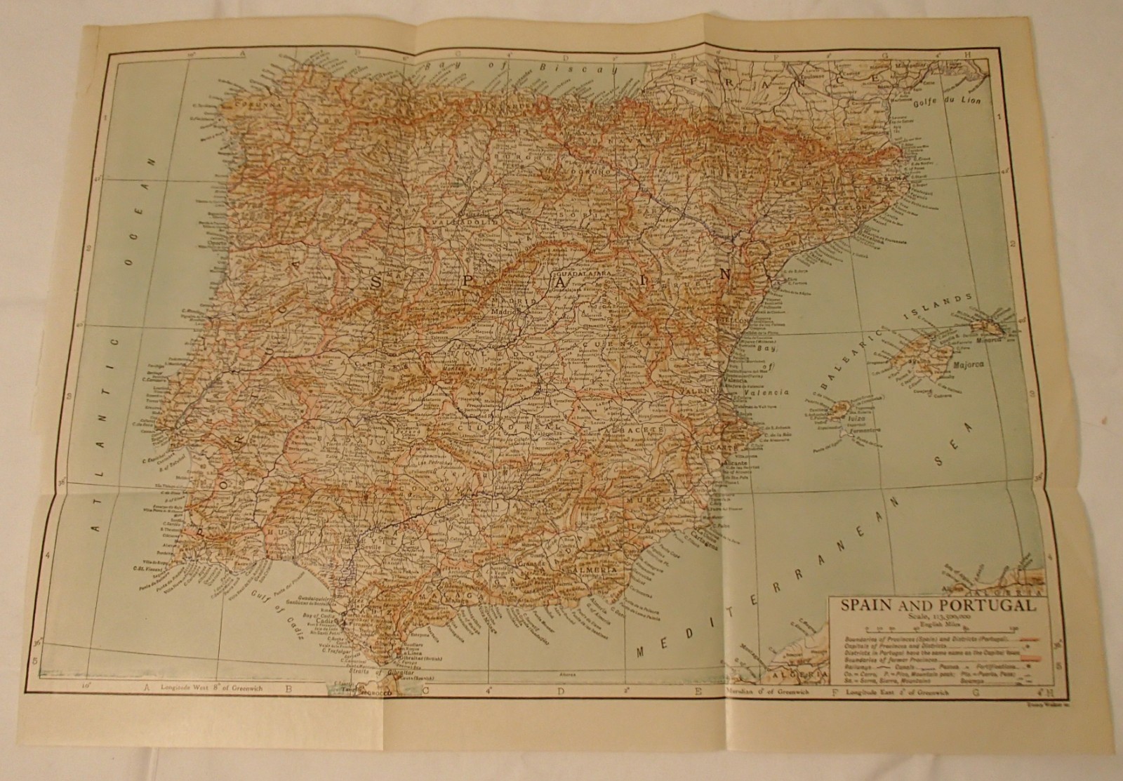 1910 Antique Original Spain & Portugal National Map Encyclopedia Britannica