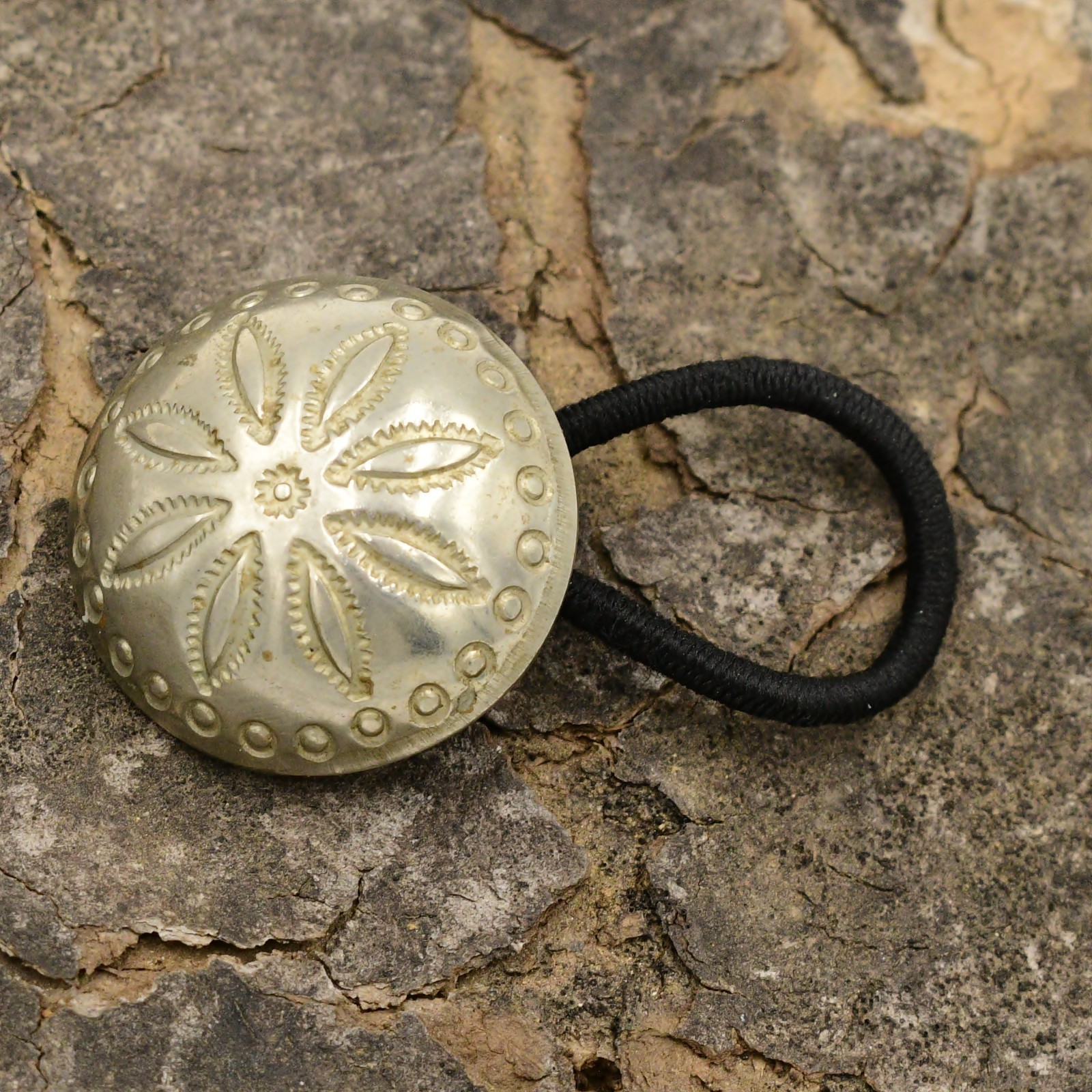 Sterling Silver 925 Stamp Work Concho Hair Tie Scrunchie