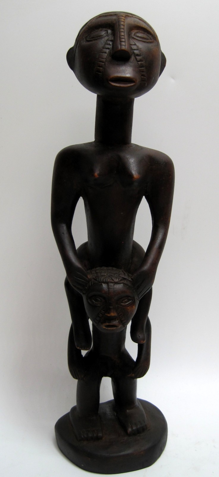 Antique African Tribal Figure Female on Shoulders of a Male Tabwa Congo 15 1/2"