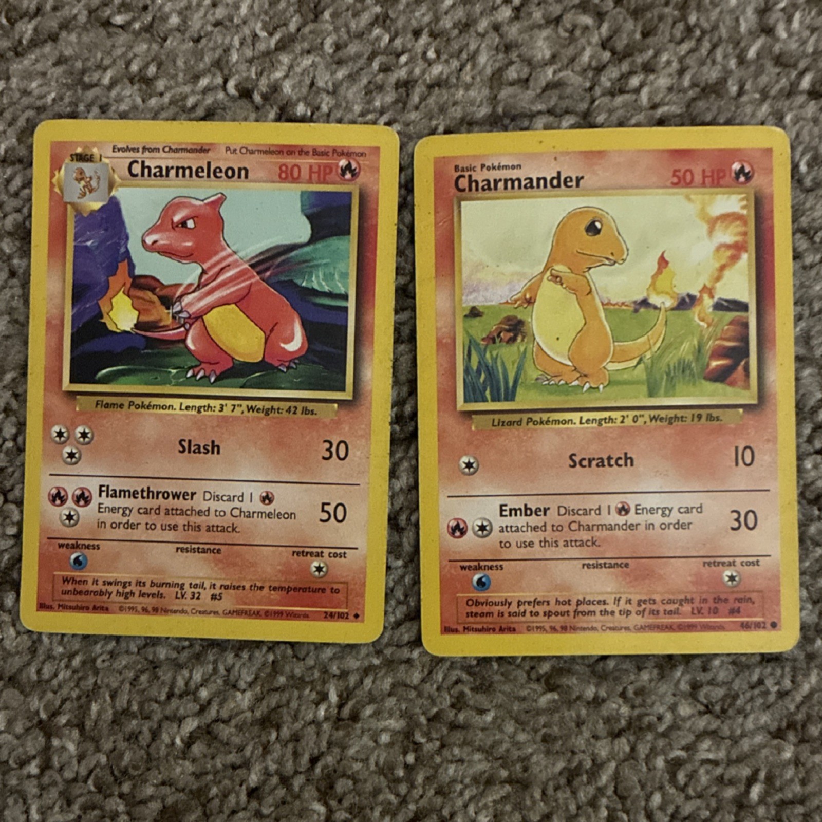 Pokémon TCG Base Set Charmeleon 24/102 & Charmander 46/102 Cards 1999