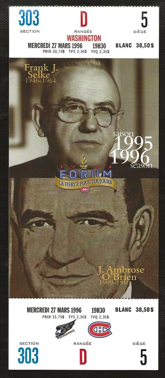 1996 Canadiens v Capitals Montreal Forum Frank J Selke Hockey Full Ticket