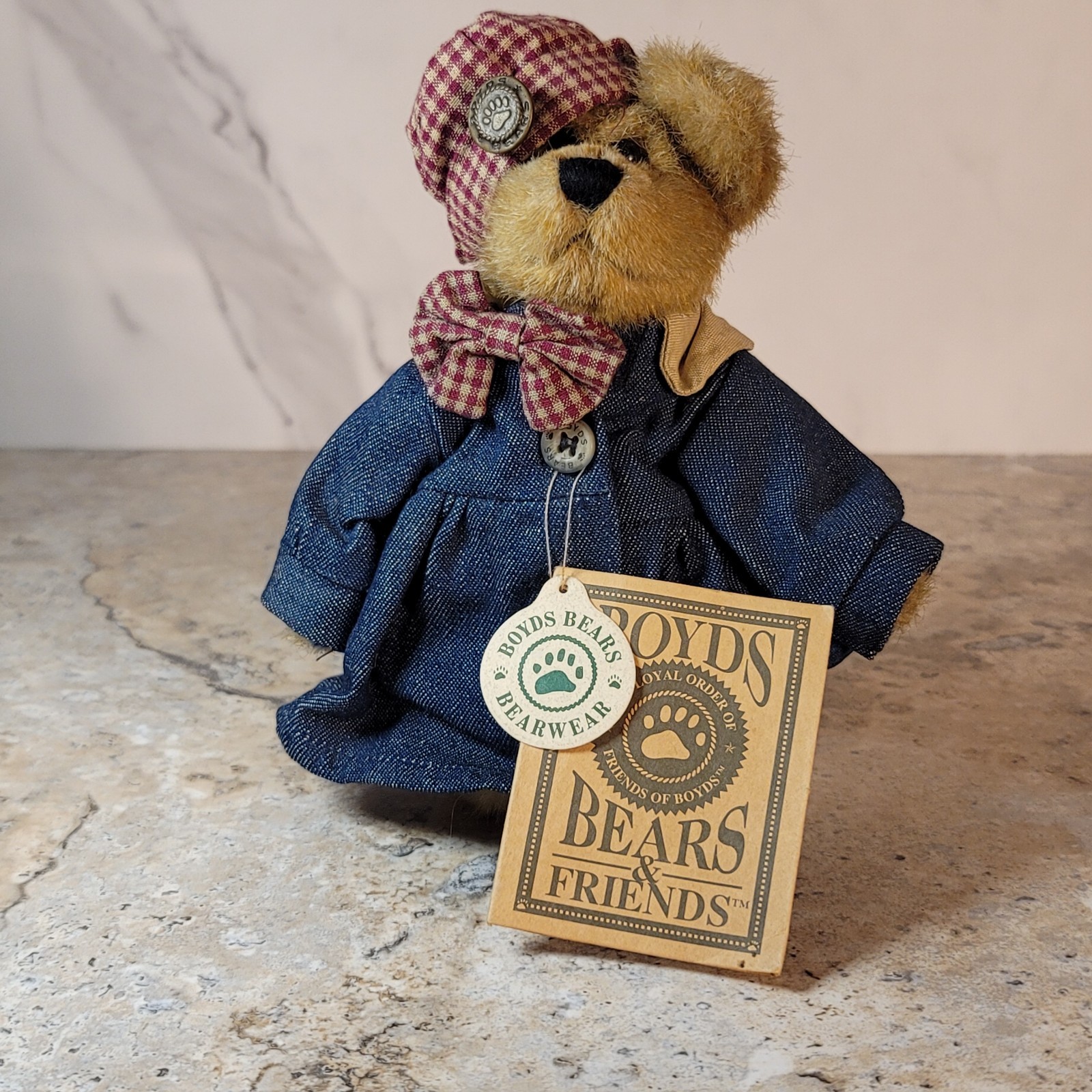 BOYDS BEARS SMALL ELEANOR TEDDY BEAR IN DENIM DRESS & GINGHAM HAT BLOOMERS