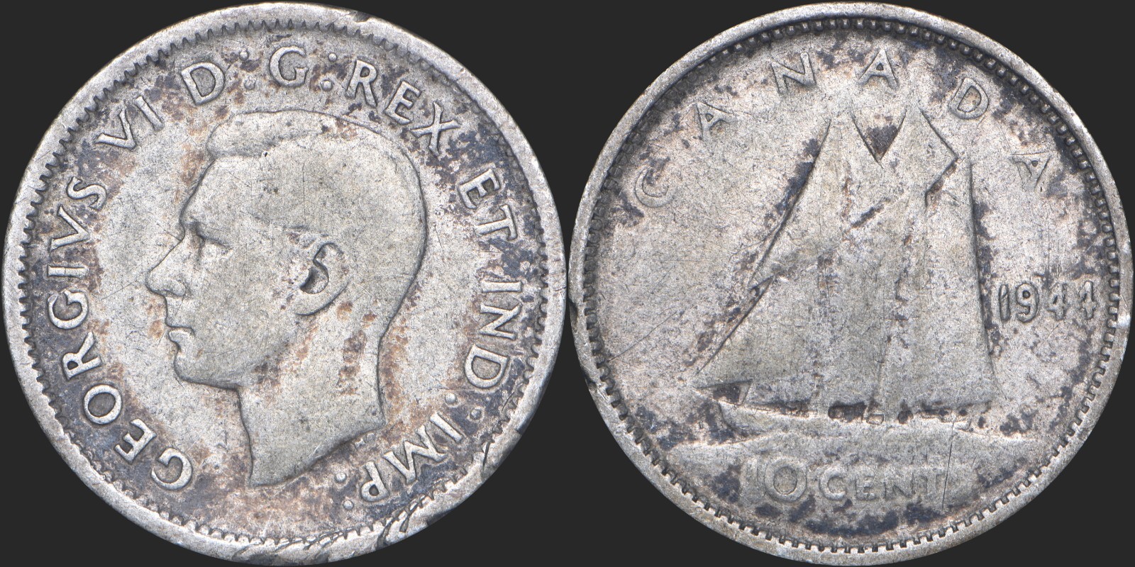 1944 Canadian Silver Dime Ten Cents Well Circulated