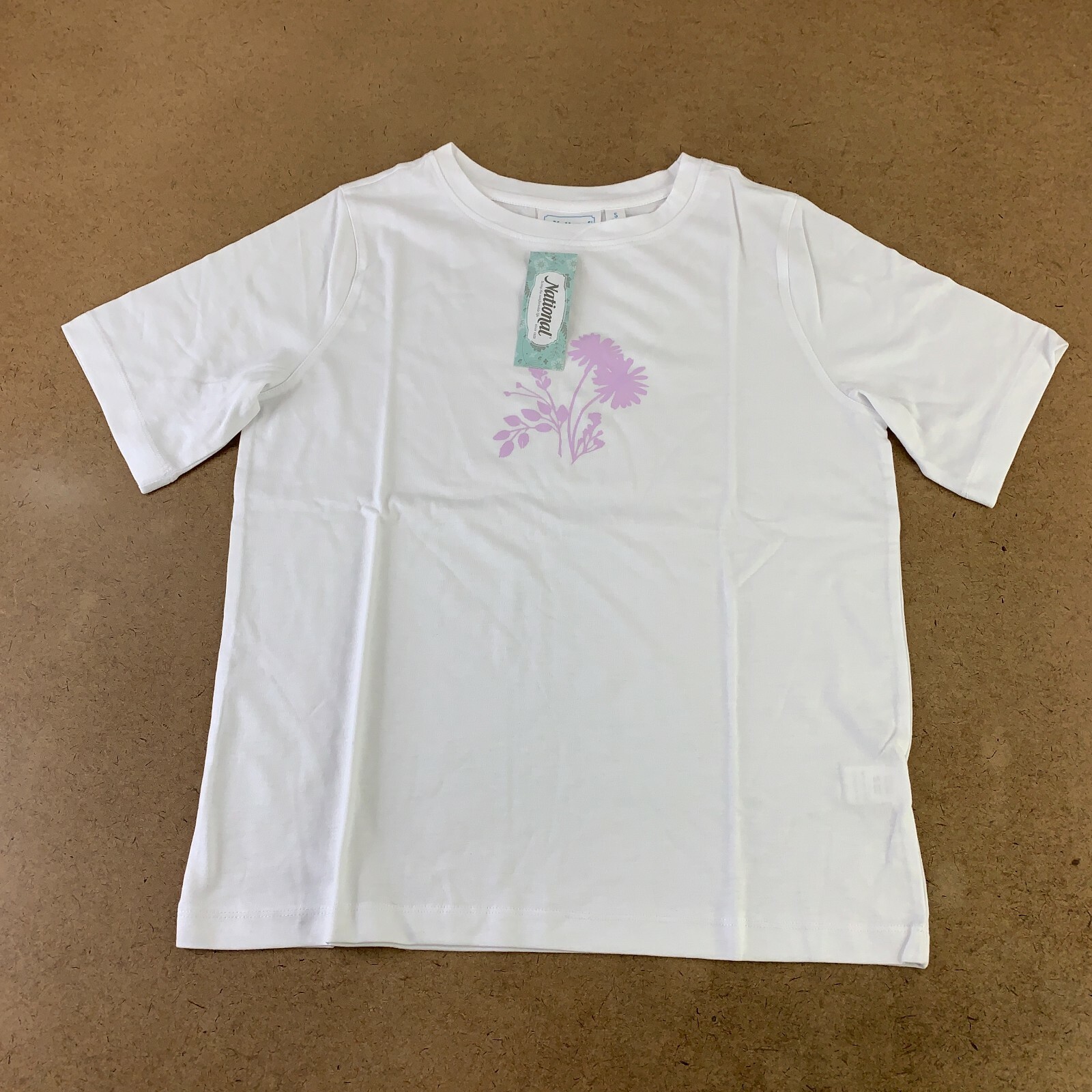 National Women's Size Small White Lavender Flower Graphic Short Sleeve Tee New