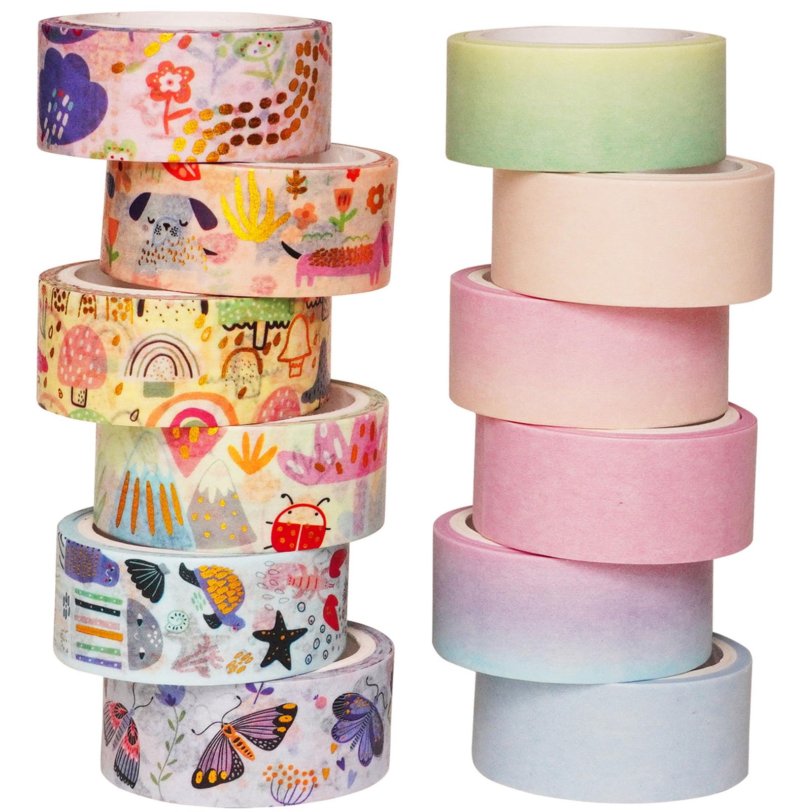 YUBX Cute Washi Tape Set 12 Rolls Gold Foil 9/16" x 10', Innocent Animals 