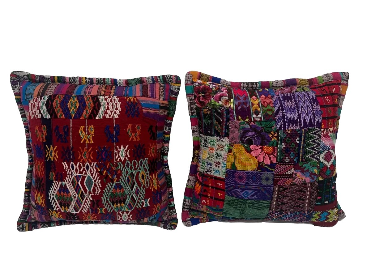 Handmade Set PATCHES OF HUIPIL Embroidered Pillow Cases Colorful Guatimala