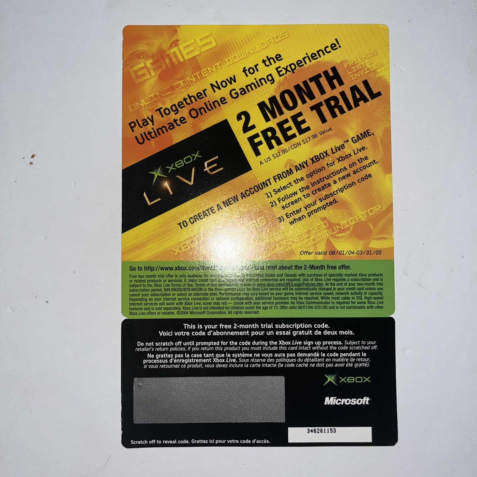 Original Microsoft XBOX Live New 2 Month Free Trial Unused Collectors Card