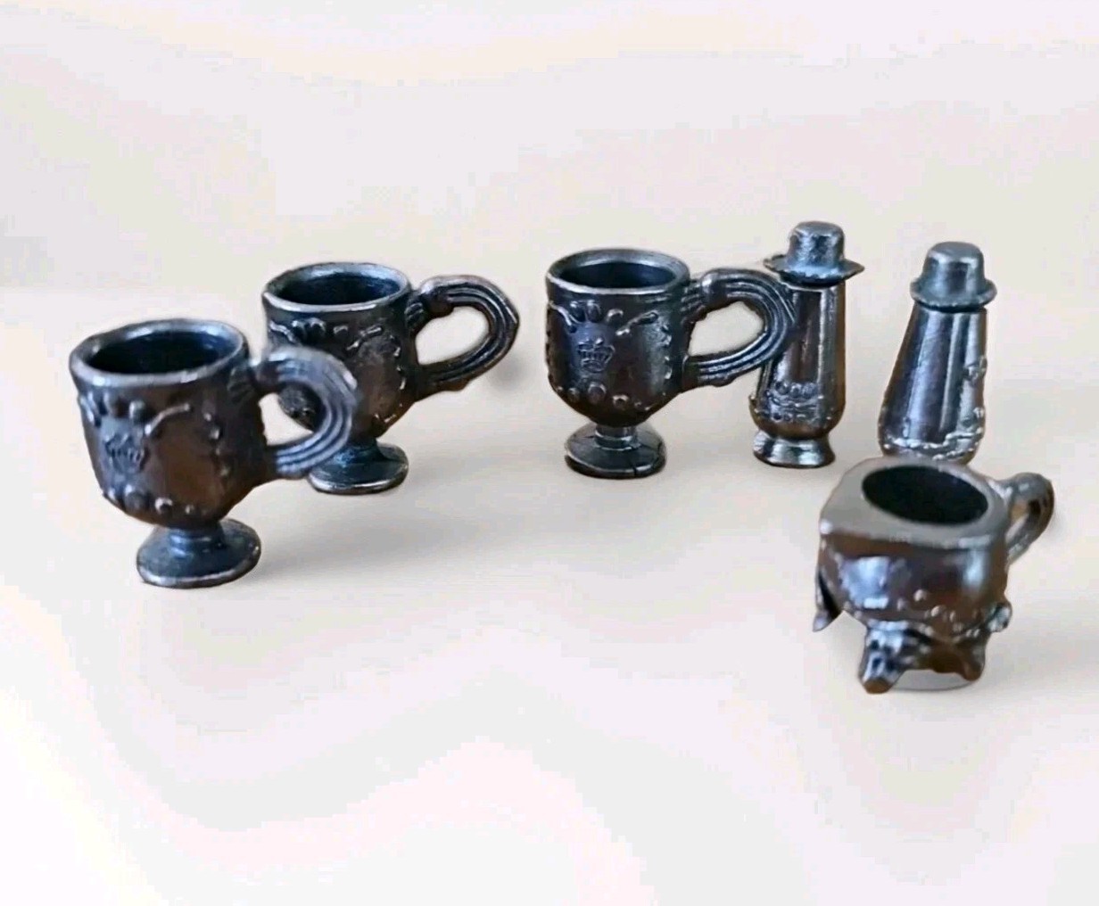 Miniature Pewter Footed Mugs + Small Pitcher + Salt & Pepper 1/2"-1 1/8" Tall