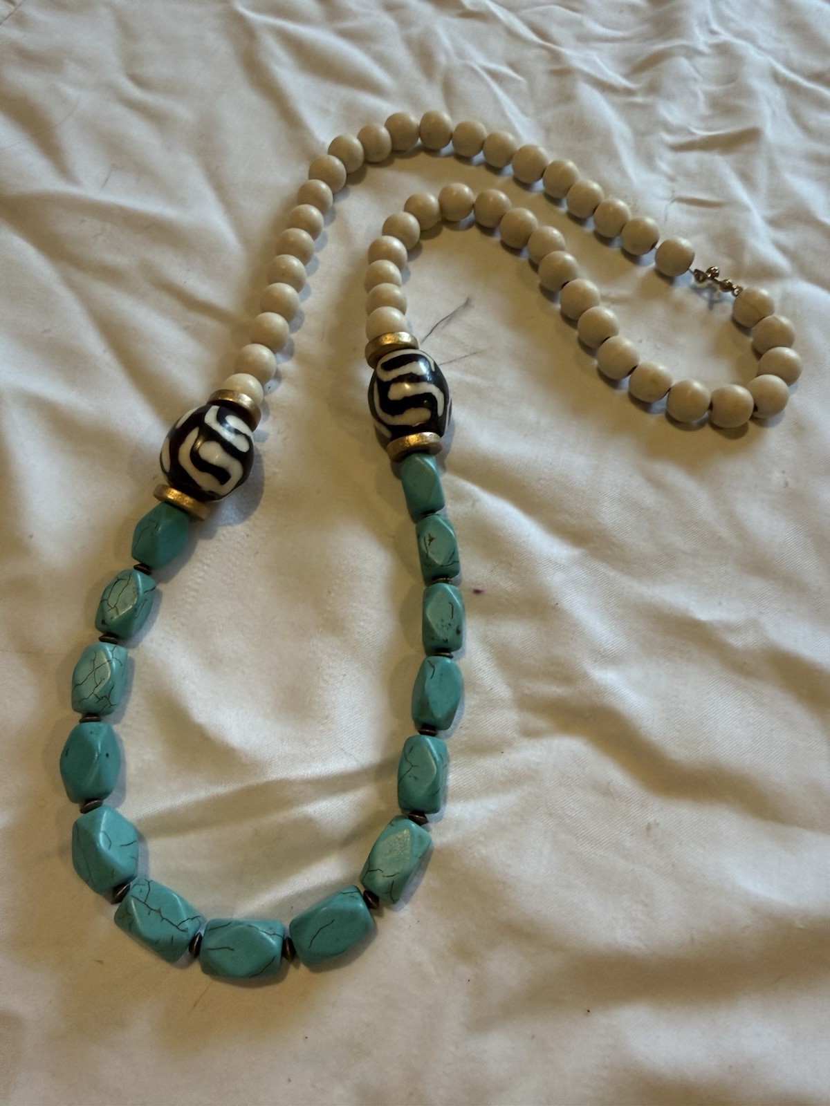 Beaded Statement Necklace Turquoise Stone Wood African Ethnic Beige Black