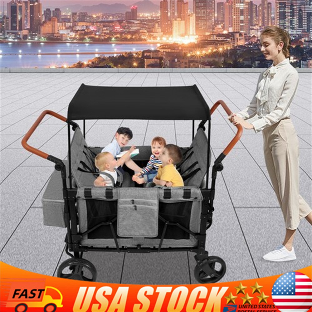 Folding Baby Stroller Wagon Cart For 4 Kids Face To Face High Seat With Canopy