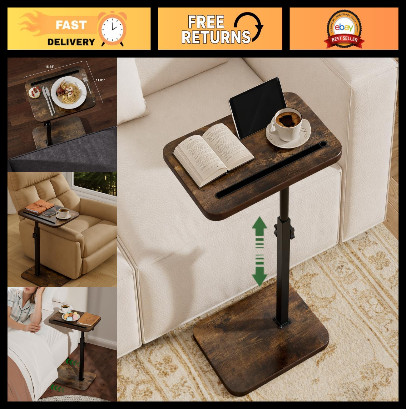 Adjustable Height TV Tray Side Table - 360° Swivel C Table for Couch, Laptop Des