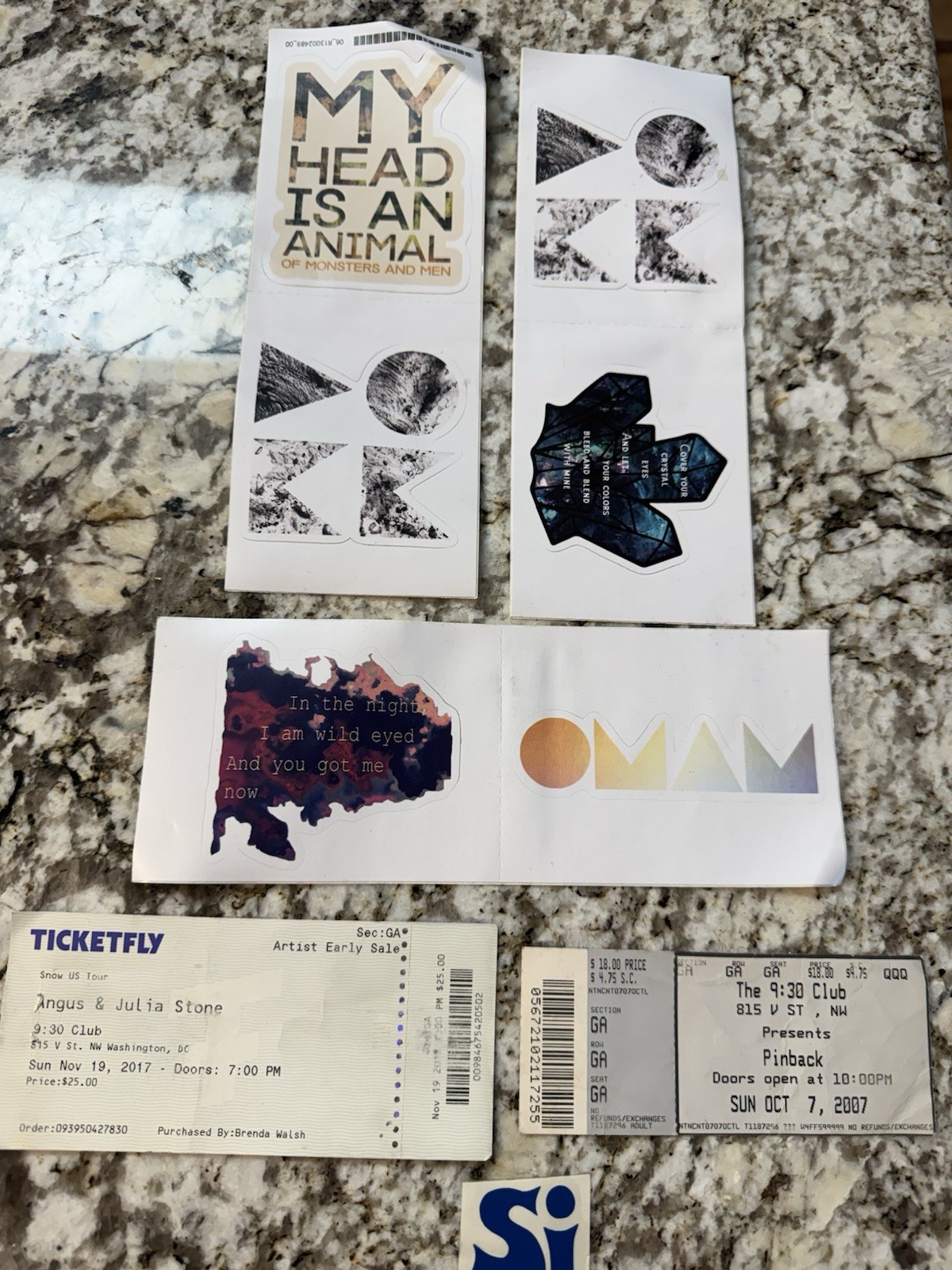 Pinback Ticket Angus &Julia Stone Ticket Stubs OMAM Stickers 6