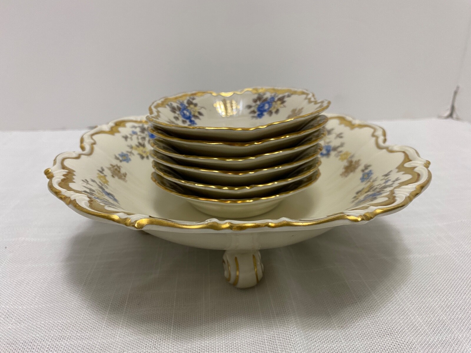 Vintage 7pc Edelstein Bavaria NUT SET 15721 Blue & Gold Decorated Server & 6