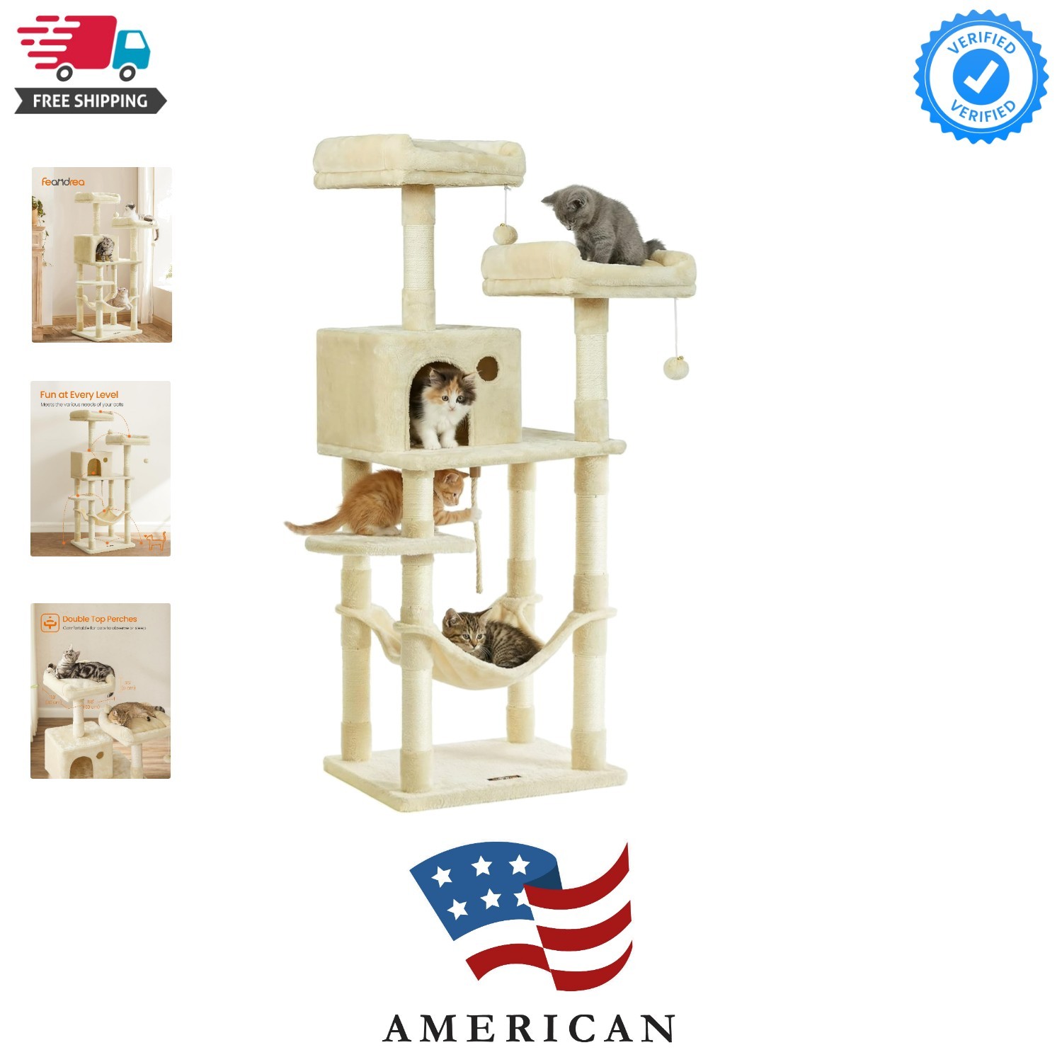 Cat Tree, 56.3-Inch Cat Tower, Multi-Level Plush Condo with 11 Scratching Pos...