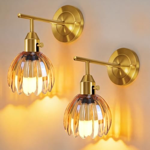 Vintage Gold Wall Sconces Set of 2 with Cute 2 Packs Tulip Amber-Gold Base