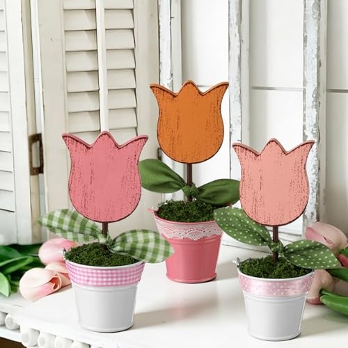 3 Pcs Wooden Tulip Spring Table Decorations 5.5'' to 7'' Potted Spring Tulips
