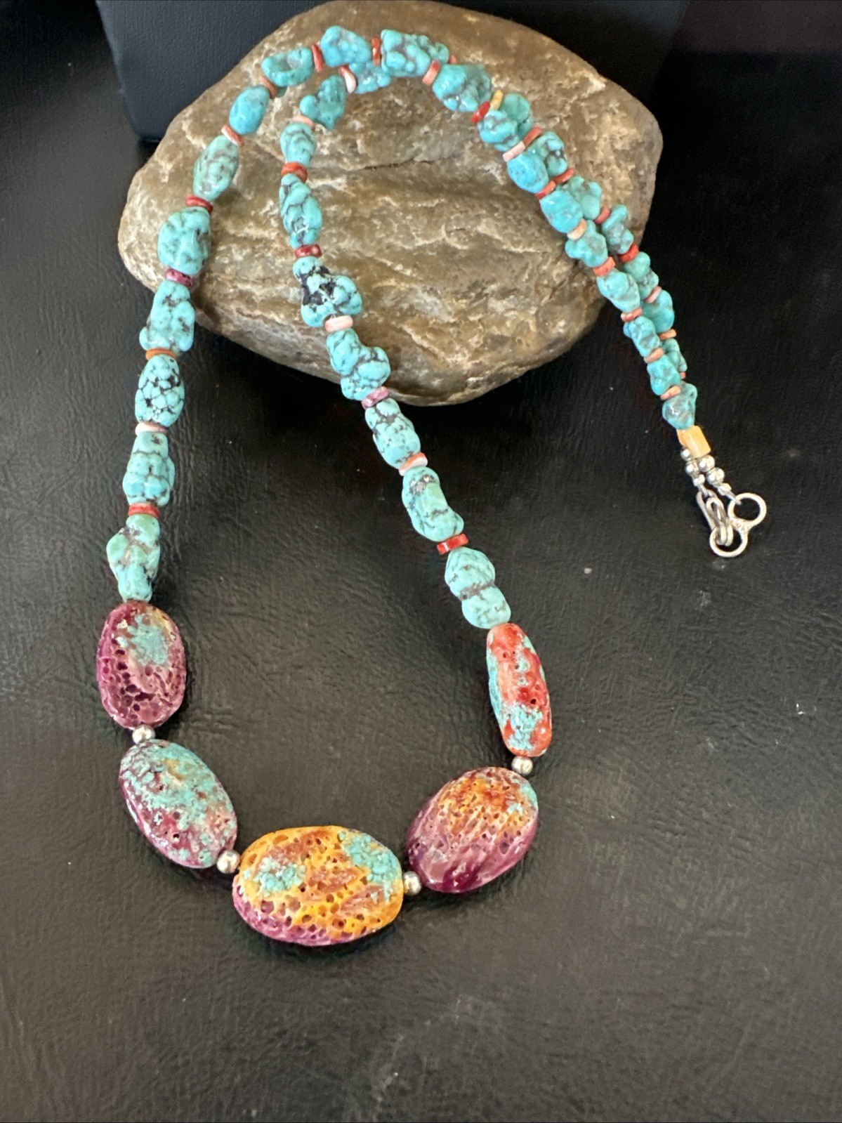 Navajo Kingman Turquoise Nugget Purple Spiny Necklace Sterling Silver 20”19699