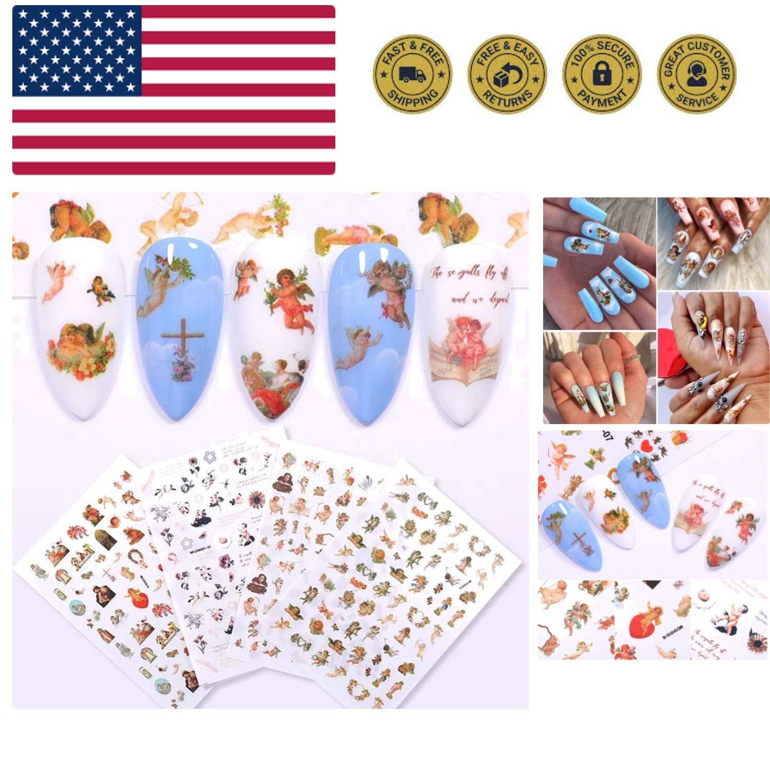 Angel Nail Stickers, 3D Self-Adhesive Baby Angels Nail Decals Baroque Flower ...