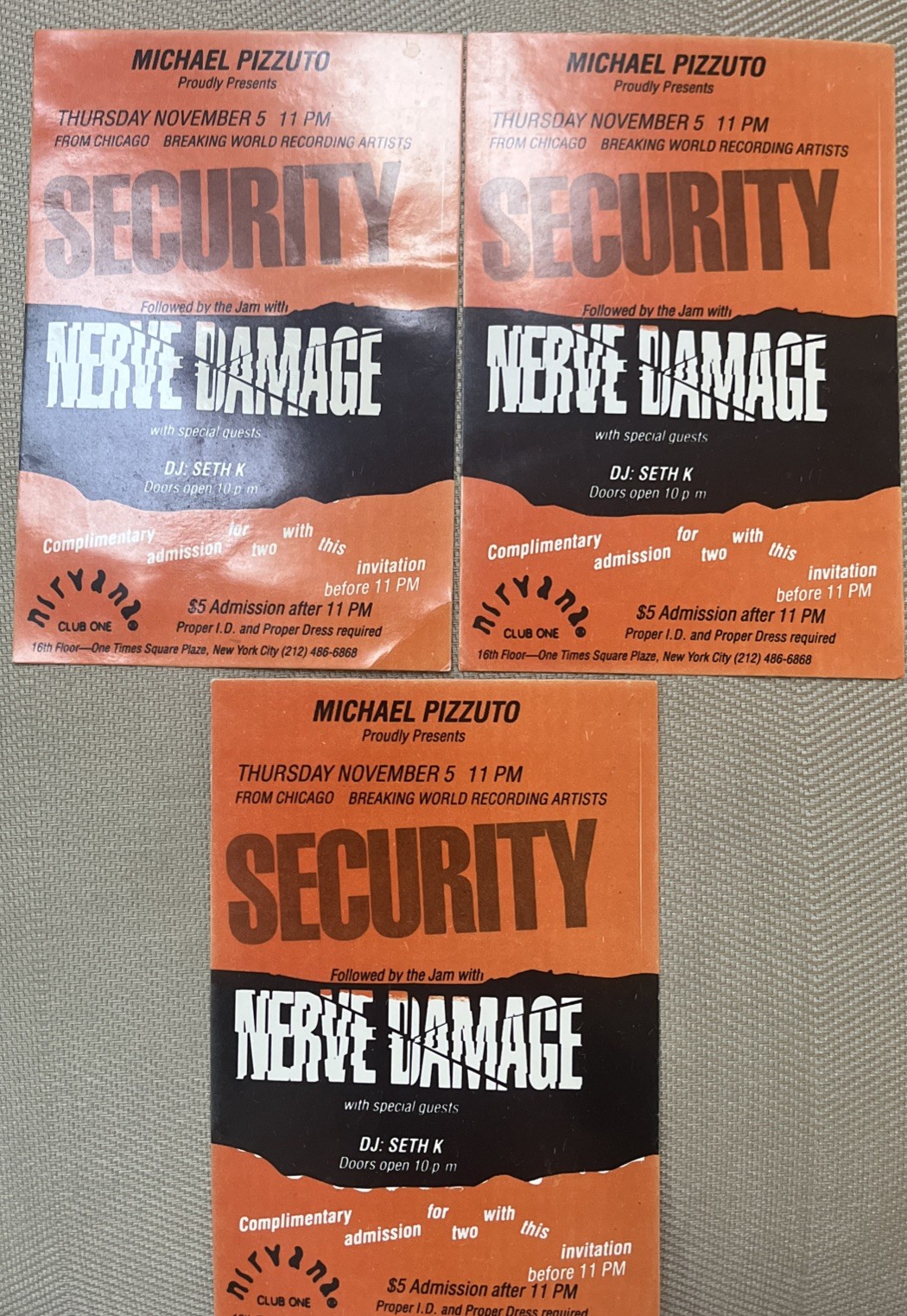 1980s-1990s? Nirvana Club One NYC Night Club Tickets Passes “Security” Seth K