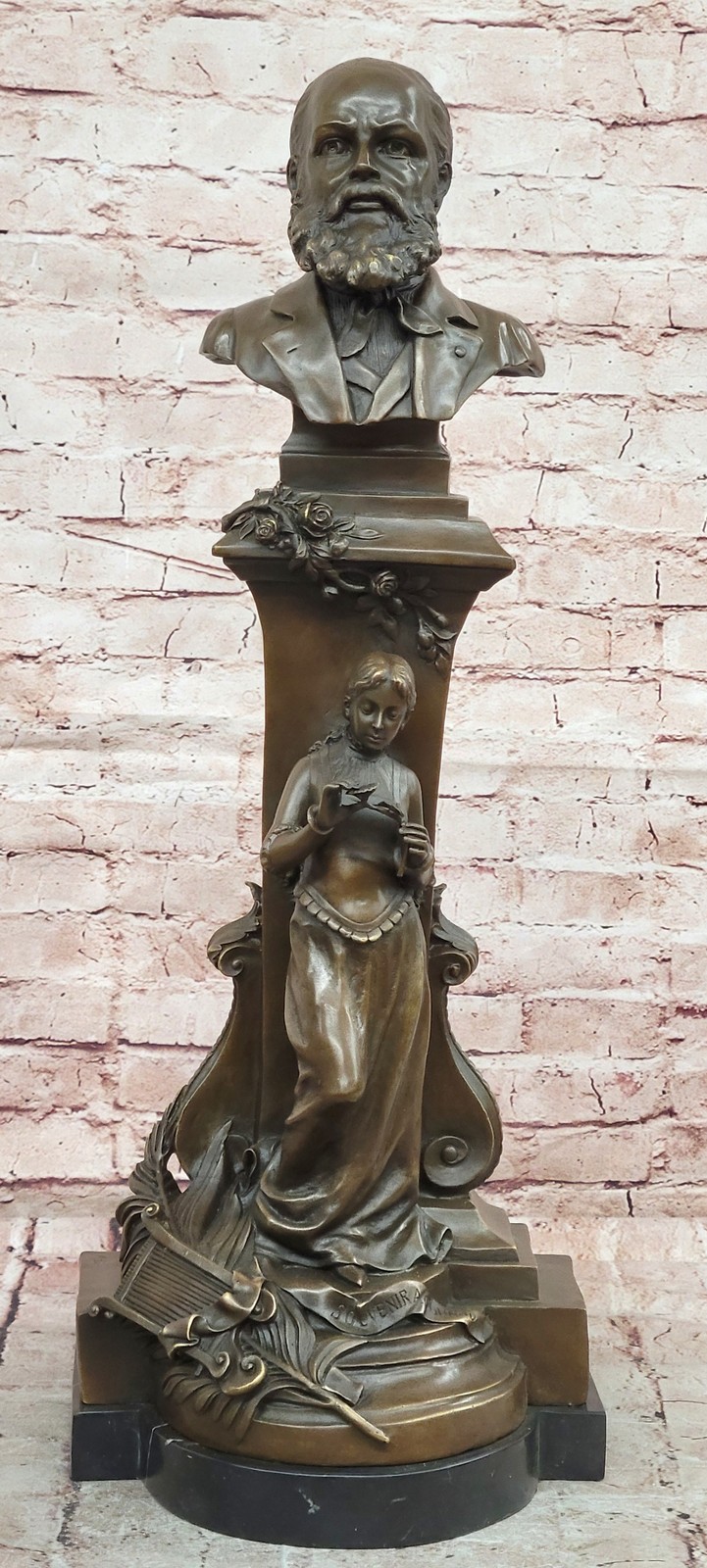 Monumental Bronze Composer Bust with Maiden Museum Quality Fine Art