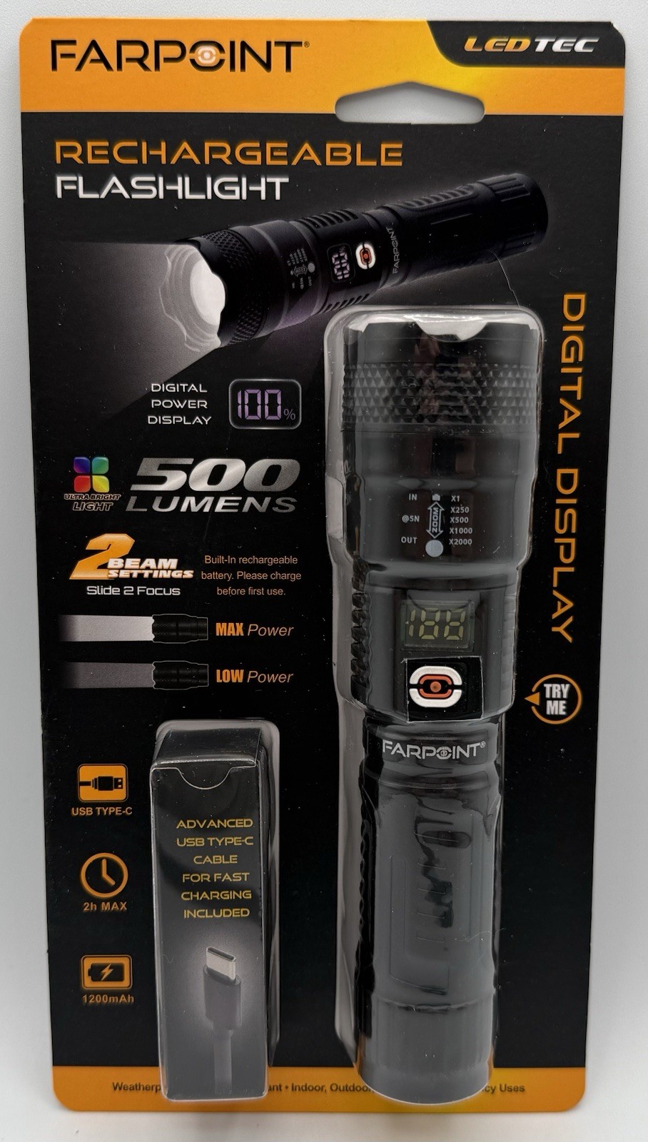 Farpoint 500 Lumens Digital Display Rechargeable Flashlight 1200mAh Weatherproof