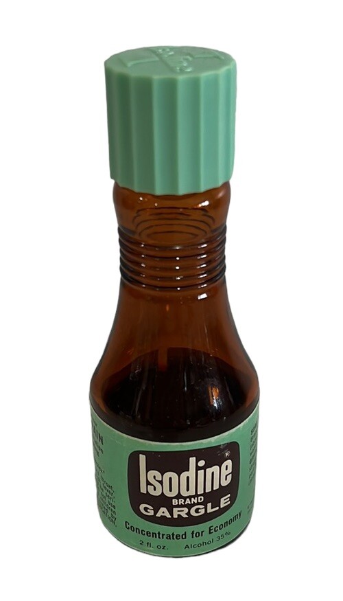 Vtg 1962 Isodine Brand Gargle Amber Bottle W/Paper Label & Cap~60s MCM Prop