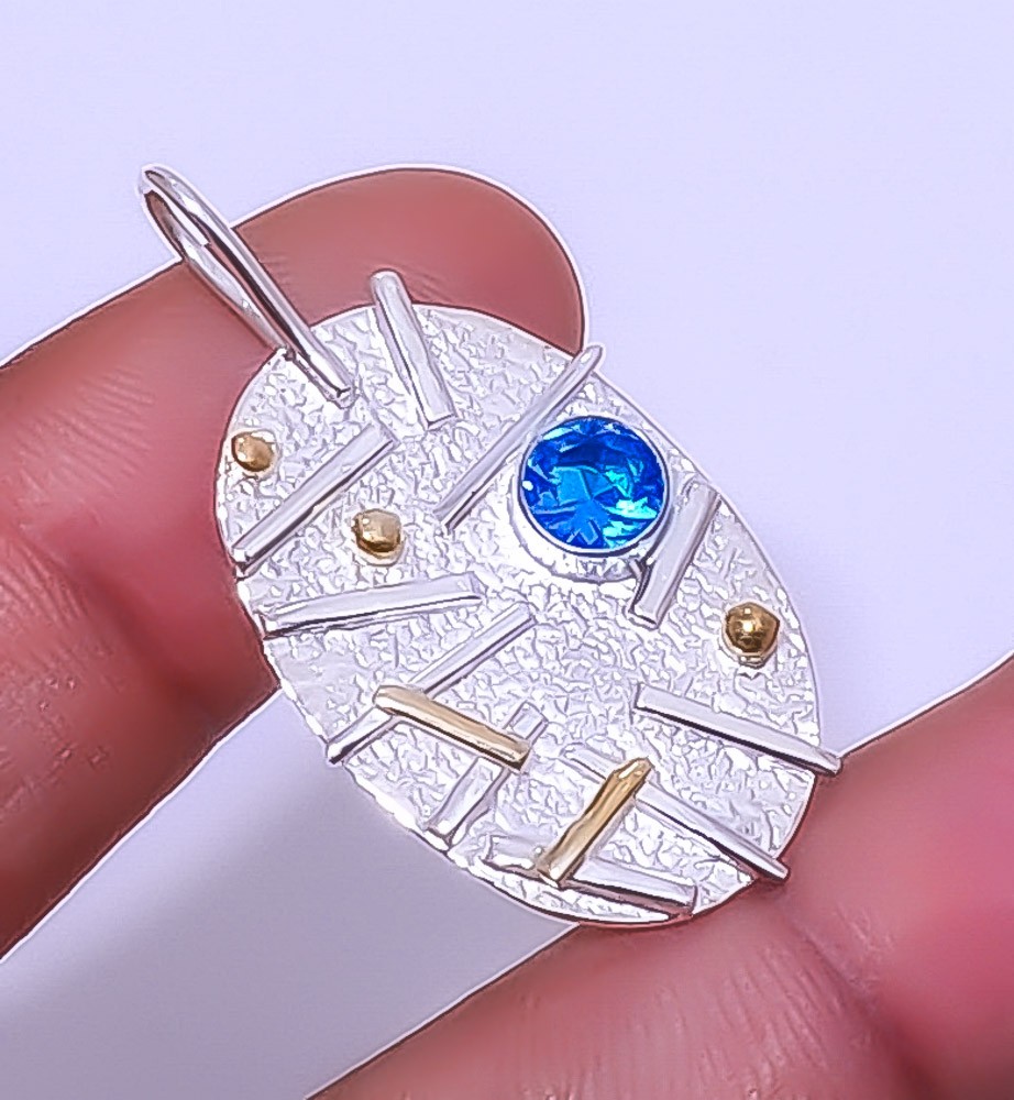 Blue Topaz 925 Sterling Silver Two Tone Gold Plated Pendant 1.56" T2