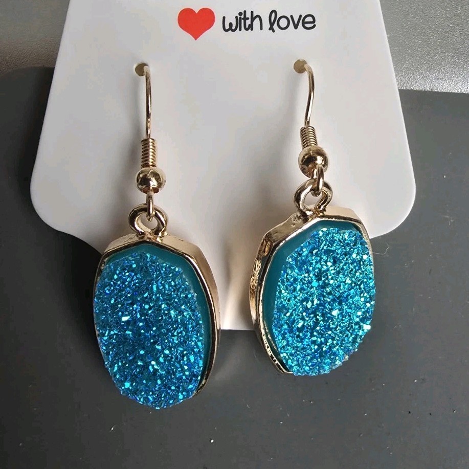 Handmade with Love Dangle Drop Earrings Gold Tone Blue Drusy Quartz Oval Hook